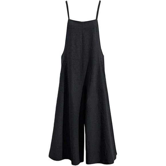 Women Black Casual Loose Long Bib Pants Wide Leg Jumpsuits - Picture 3 of 15